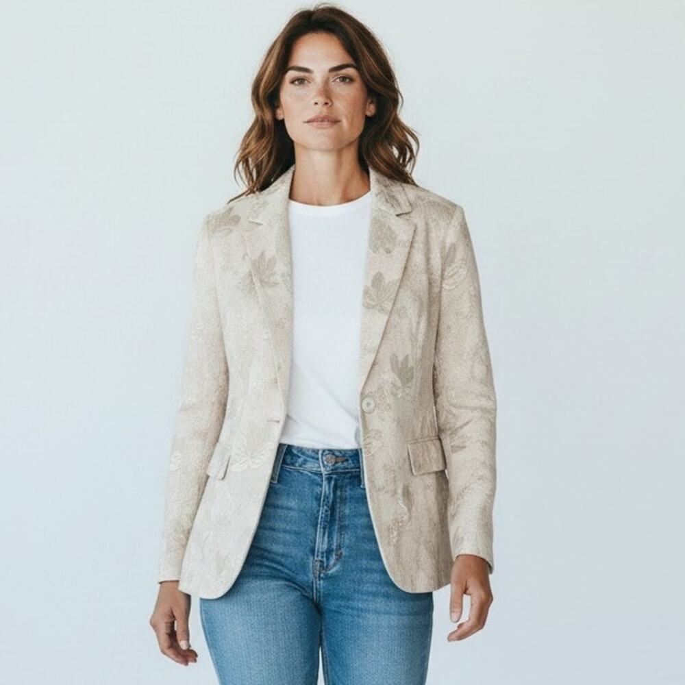 L Blazer Jacket women's single-breasted beige floral jacquard cream satin